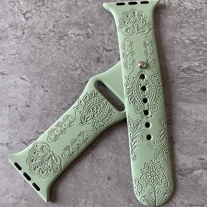 Apple Watch Silicone Sports Band  Strap - Custom Engraved Mehndi Henna Flowers Print