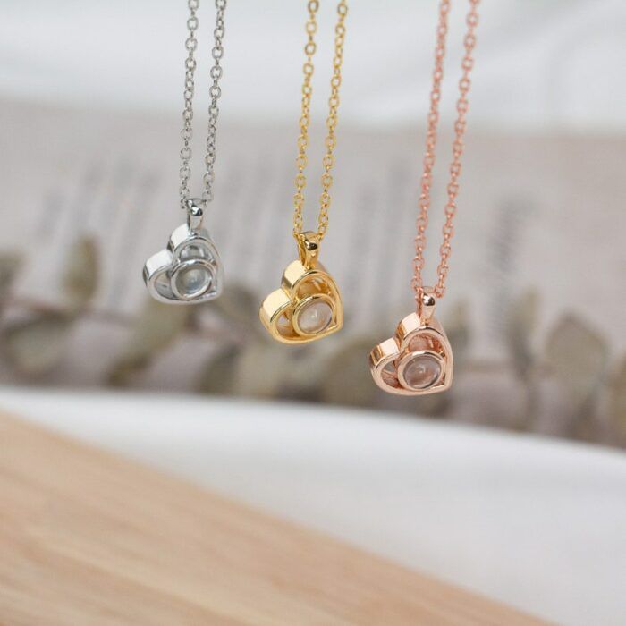 Projection Photo Necklace in Gold / Silver / Rose Gold, Heart Style Personalized Photo Necklace Custom Girlfriend Choker